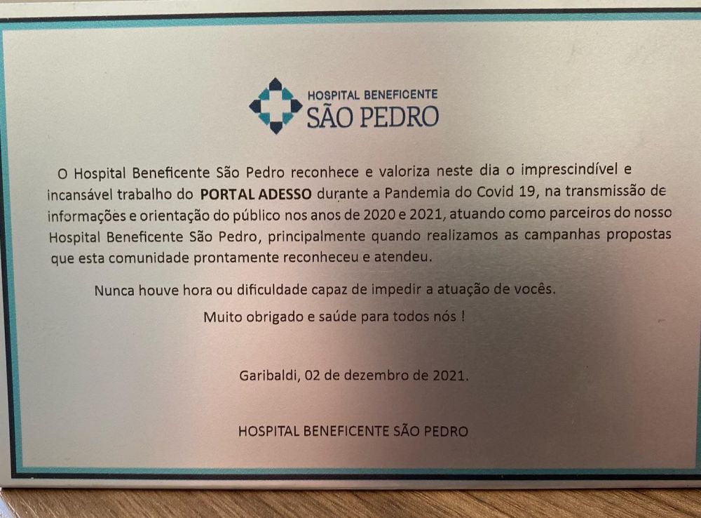 Hospital São Pedro homenageia Portal Adesso e ADESSO TV