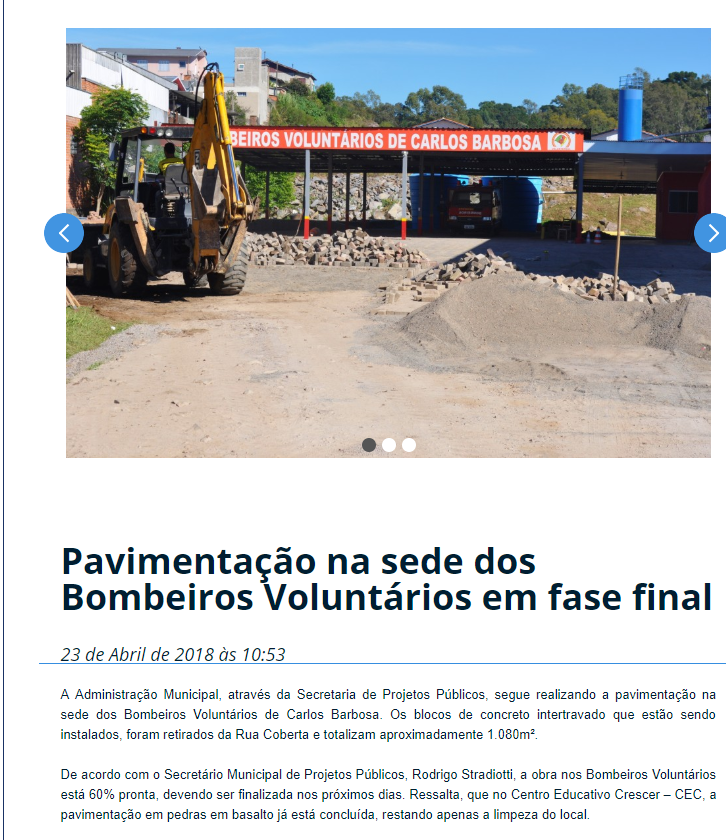 Prefeitura de Carlos Barbosa divulga em seu site quatro vezes a mesma obra