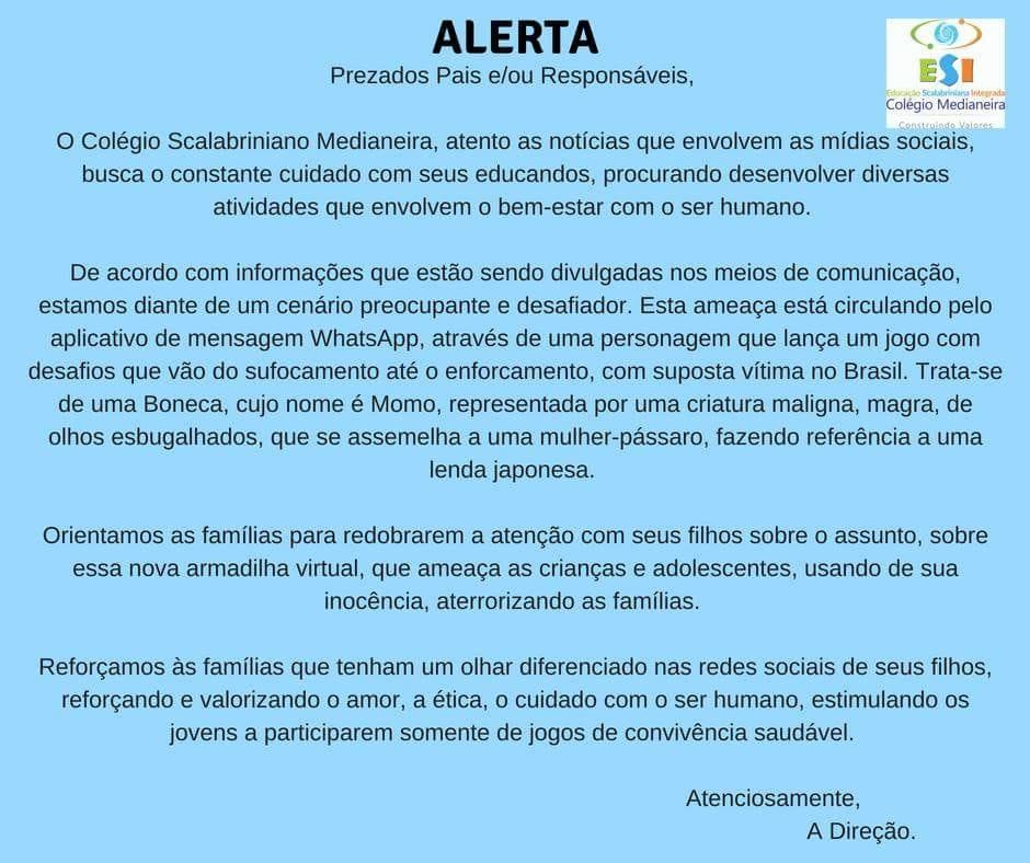 Escola de Bento alerta pais para o jogo de terror “Momo do Whatsapp”, Educação